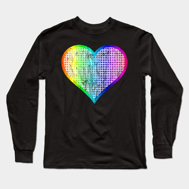 Distressed Rainbow Gingham Heart Long Sleeve T-Shirt by bumblefuzzies